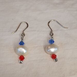 Red White And Blue Petite Pearl Earrings 925 Handmade